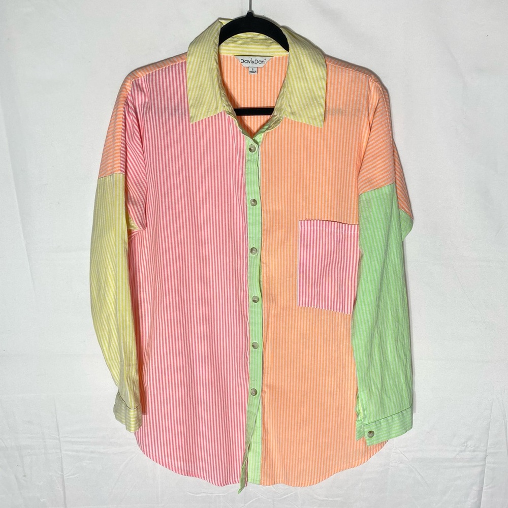 Davi & Dani Multicolour Stripe Oversized Button Up Shirt S Festival Coastal